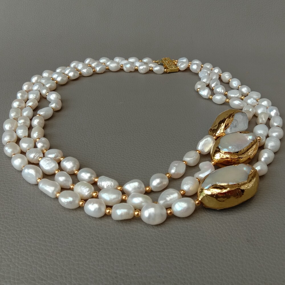 3 rows Cultured Baroque Pearl Necklace Keshi Pearl Gold Plated Connector 20″