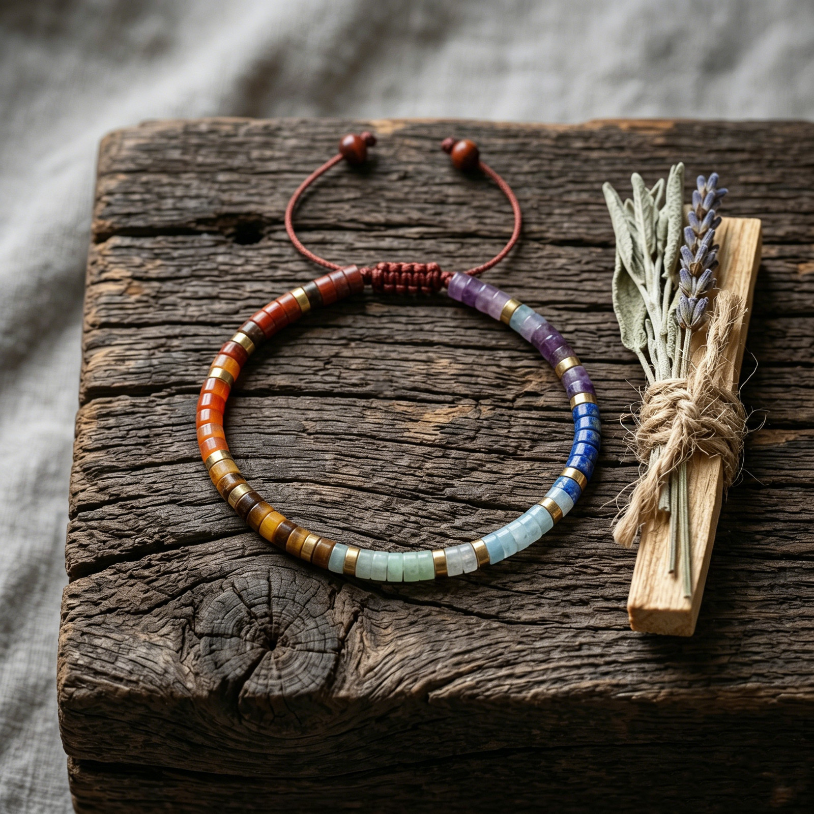Multicolor Gemstone Heishi Bracelet Adjustable Macrame 7 Chakra Healing Boho