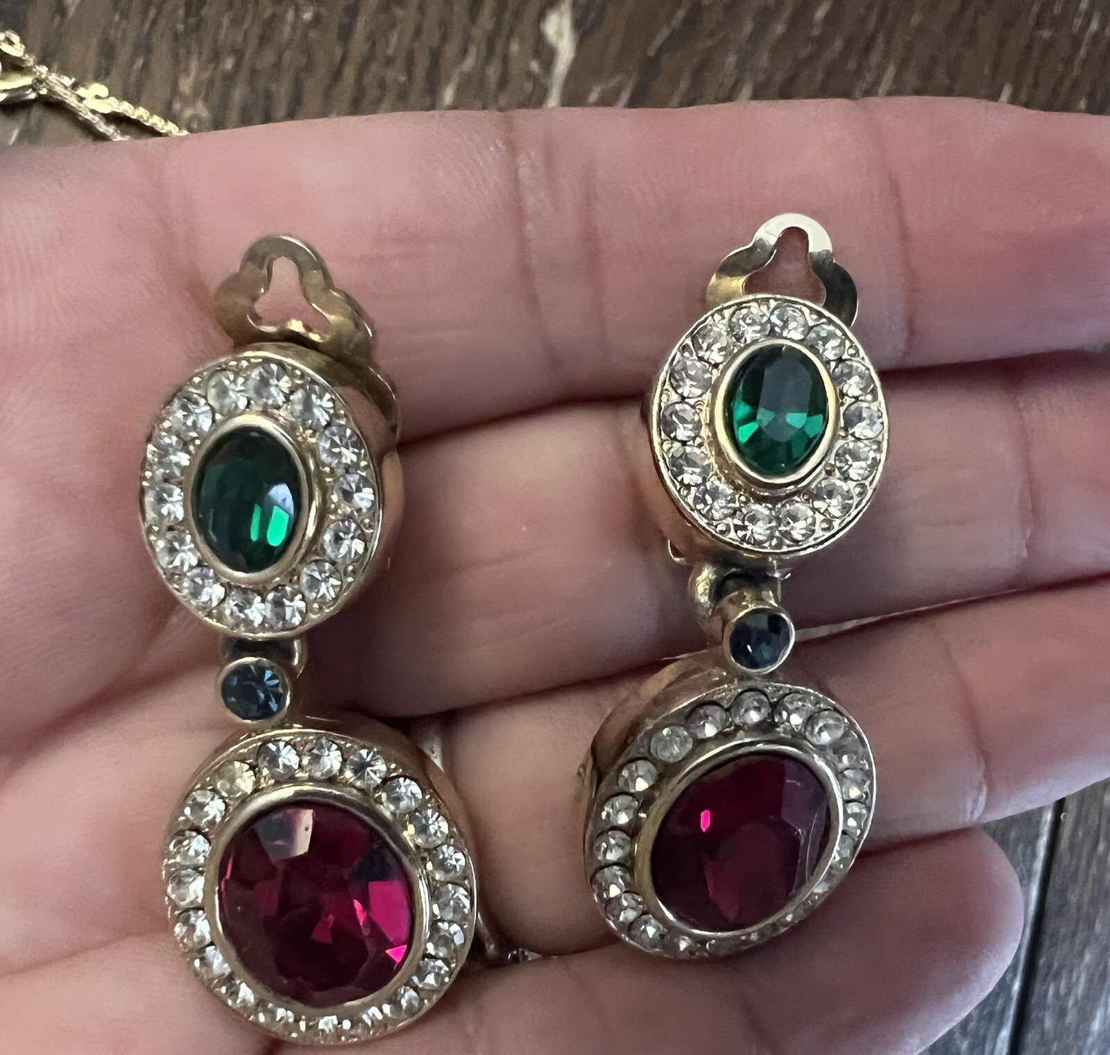 Gold Plated Red Green & Blue Crystal Necklace & Clip On Earring Set