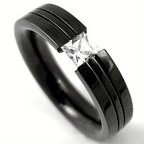 Black Plated TITANIUM TENSION Solitaire RING with 4mm CZ and ACCENT, size 7