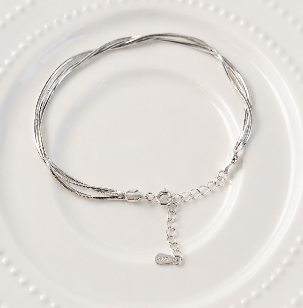 925 Sterling Silver Snake Chain Bracelet Layered Triple Adjustable Bracelet 018