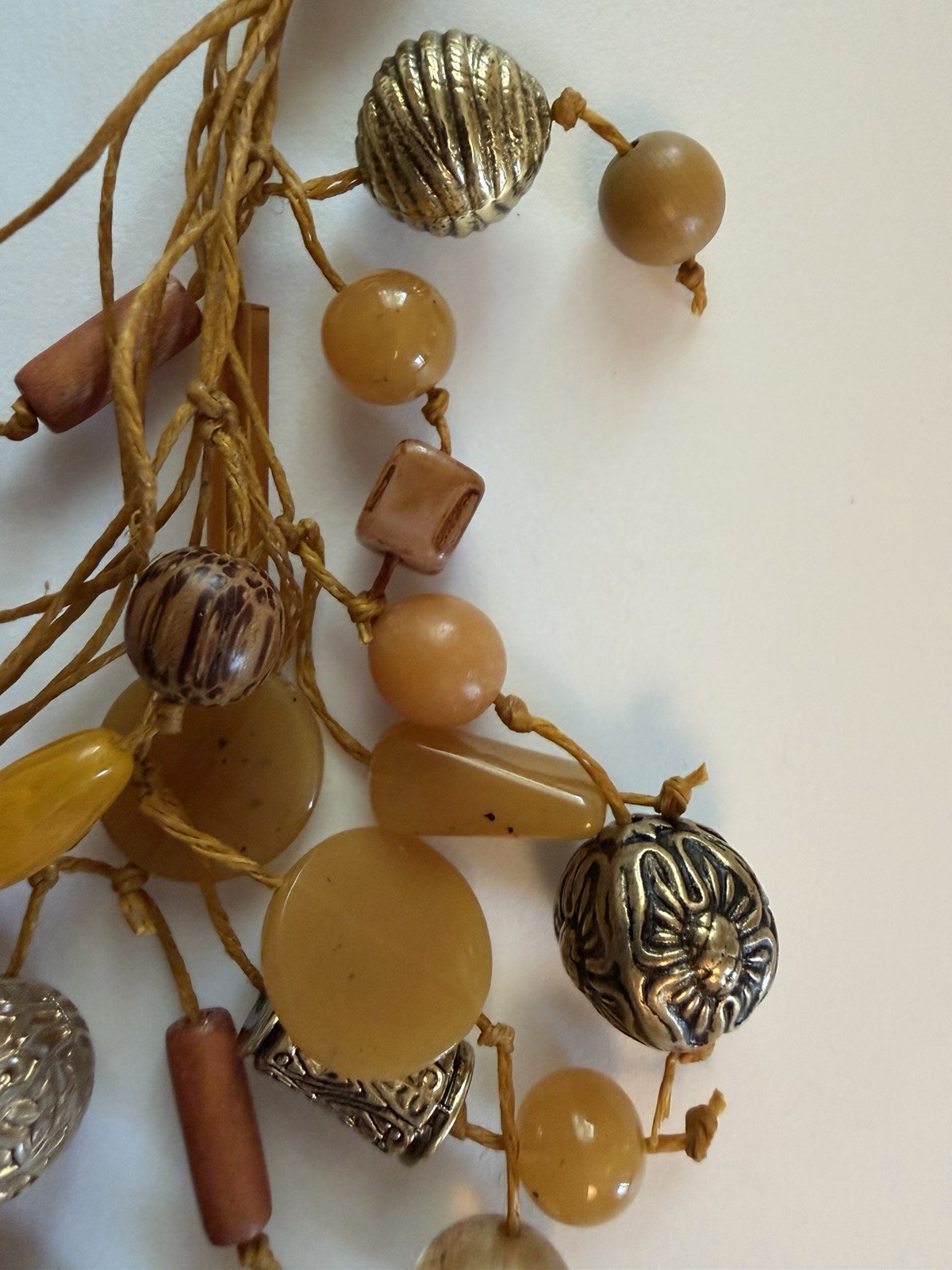 Yellow Cord Beaded Cluster Dangle Statement Necklace 13in Adjustable Tie Closure