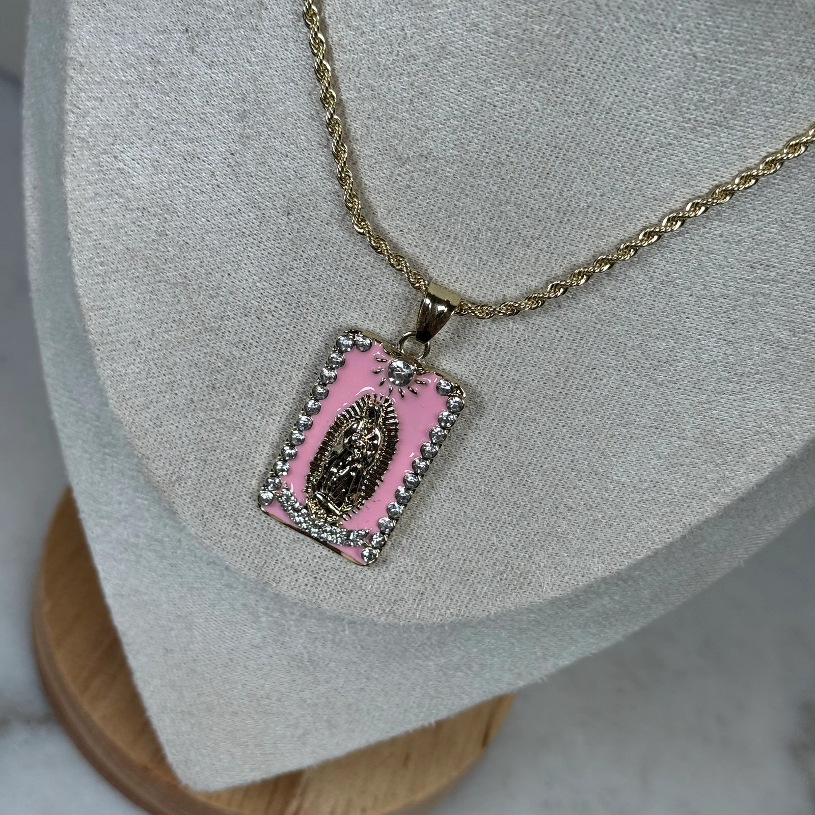 Virgin Mary, Guadalupe pendent, 20” chain, CZ diamonds