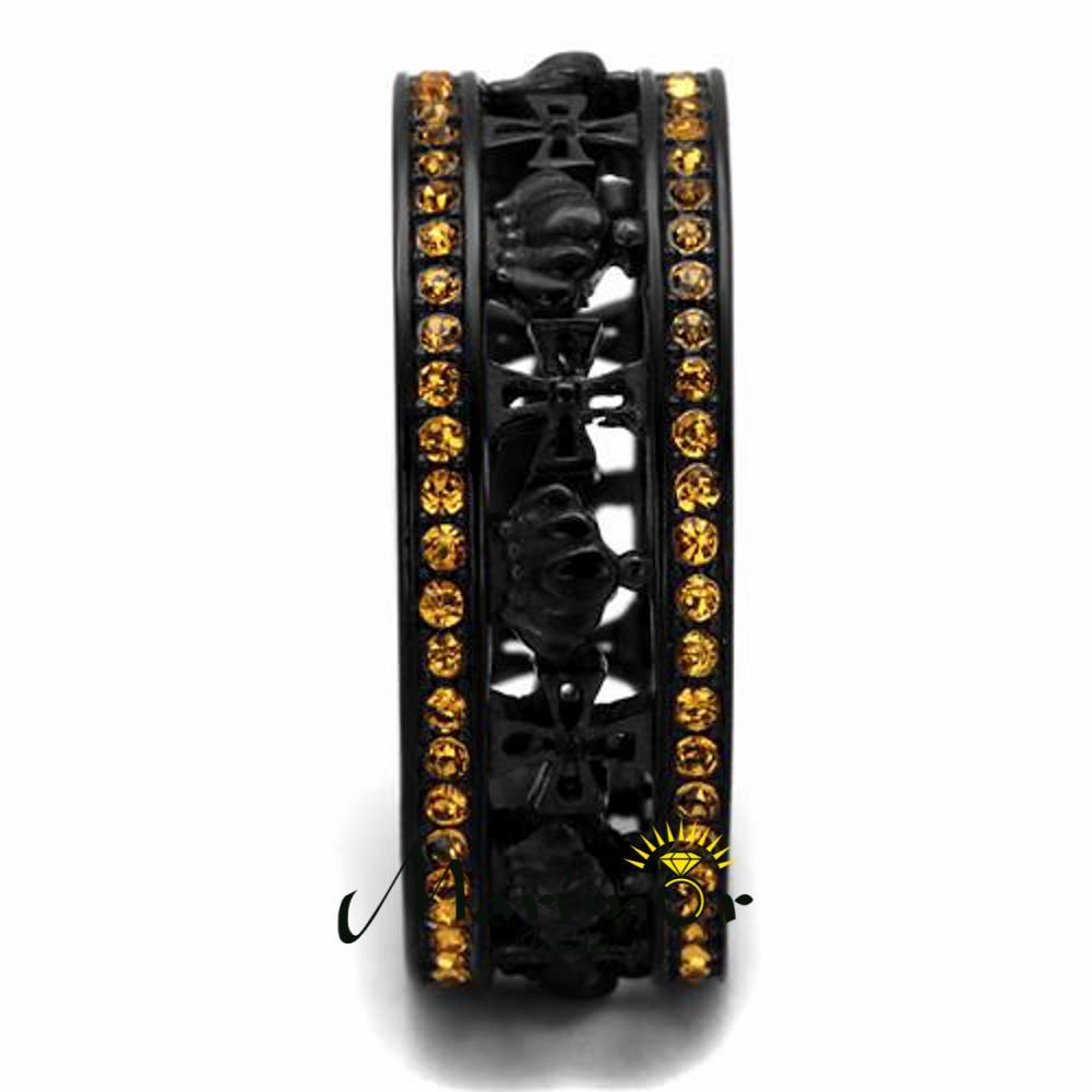 Womens Black Ion Plated Stainless Steel Topaz Crystal Crown & Cross Ring Sz 5-10