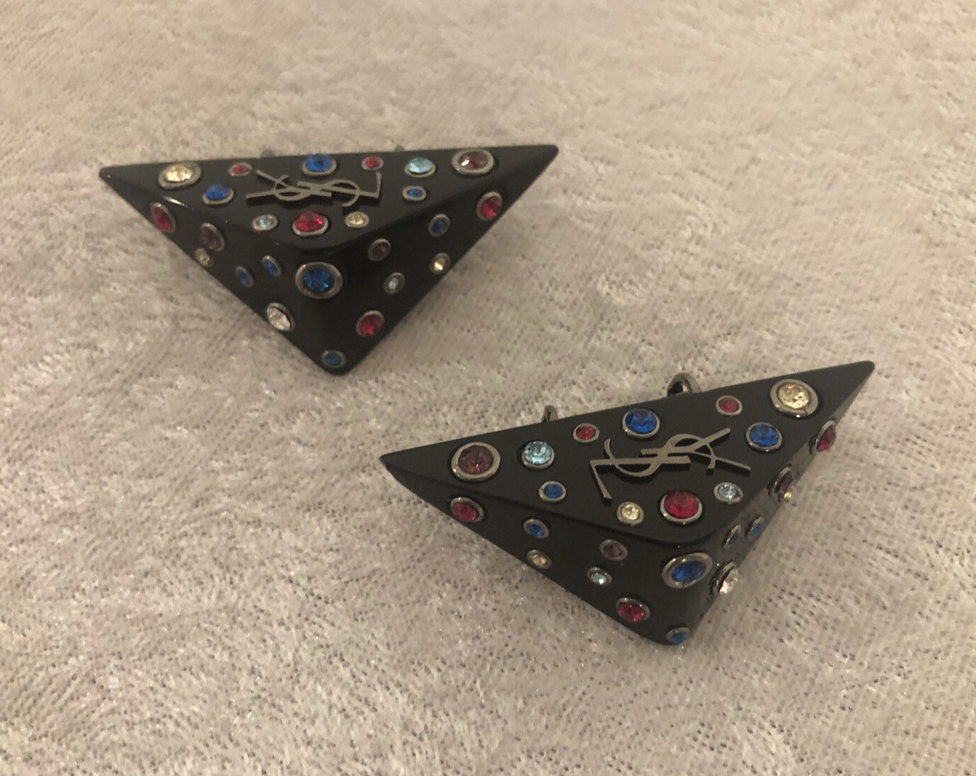 New Saint Laurent Crystal Monogram YSL Logo Triangle Clip On Earrings $495.00