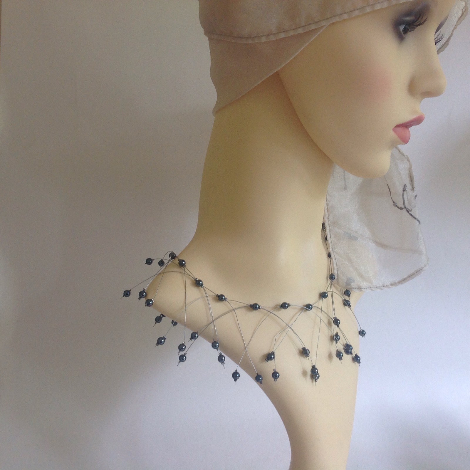 Handmade Delicate 16 Inch Necklace With Glass Pewter Beads And Steel Wire