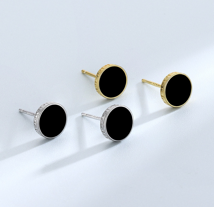 Women Men Sterling Silver Black Enamel Round Stud Post Earrings 8mm Gift Box I84