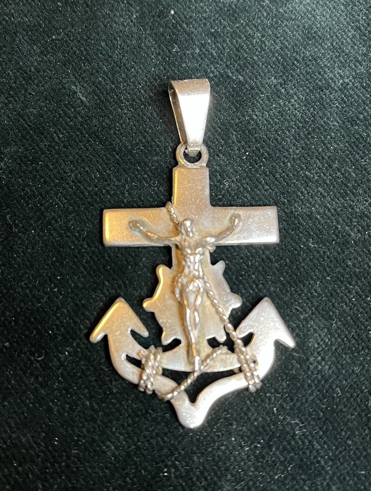 Sterling Silver Mariner’s Anchor Crucifix Cross Pendant 2 1/2” Made In Mexico