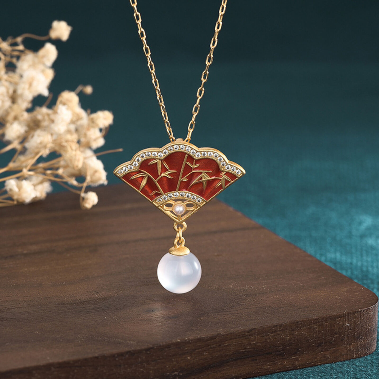 Jade Jewelry Cloisonne Fan Charm Pendant with Chain Necklace Gold Plated Gift
