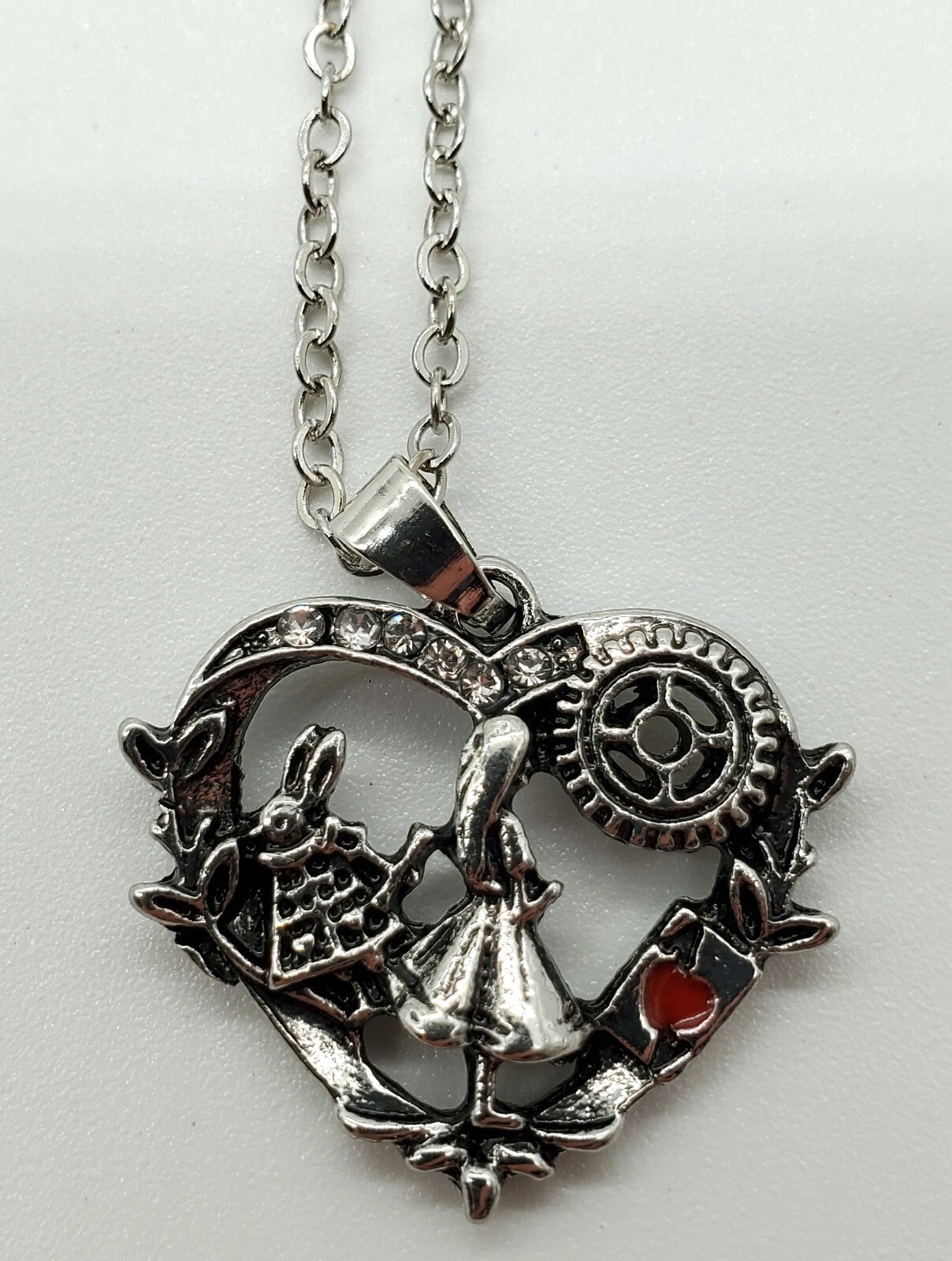 Fairytale Alice Heart Charm Pendent Necklace Silver Tone Rhinestone Gift New