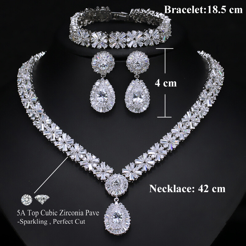 Gold Plated Water Drop Pageant Necklace Earring Bracelet CZ Zirconia Jewelry Set