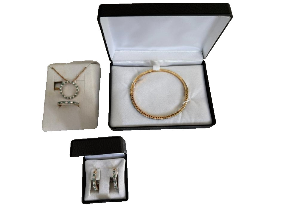 STI Genuine Emerald and Cubic Zirconia Set Necklace, Ring, Earrings and Bangle