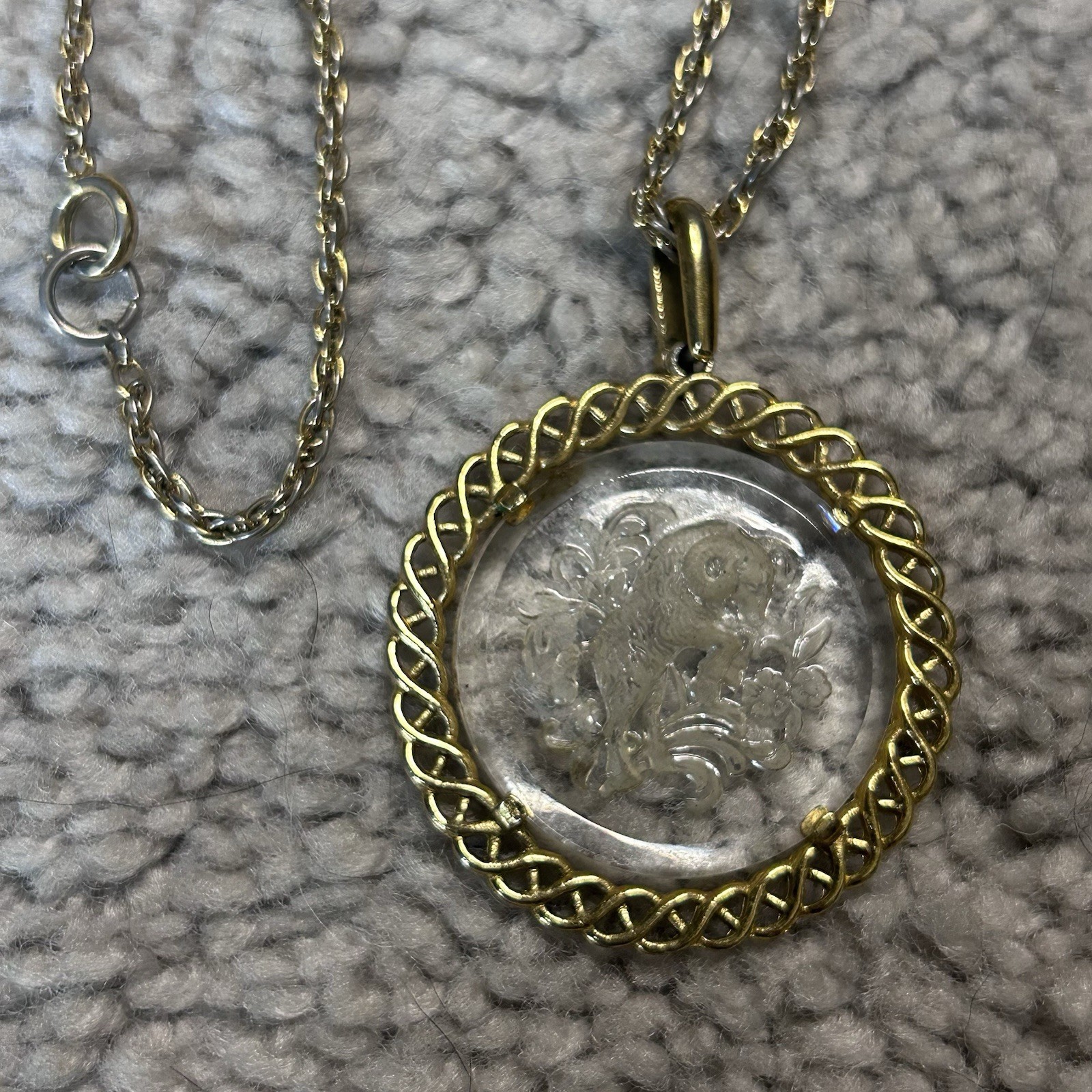 Vintage 1970s Crown Trifari Etched Glass Aries Pendant and Chain