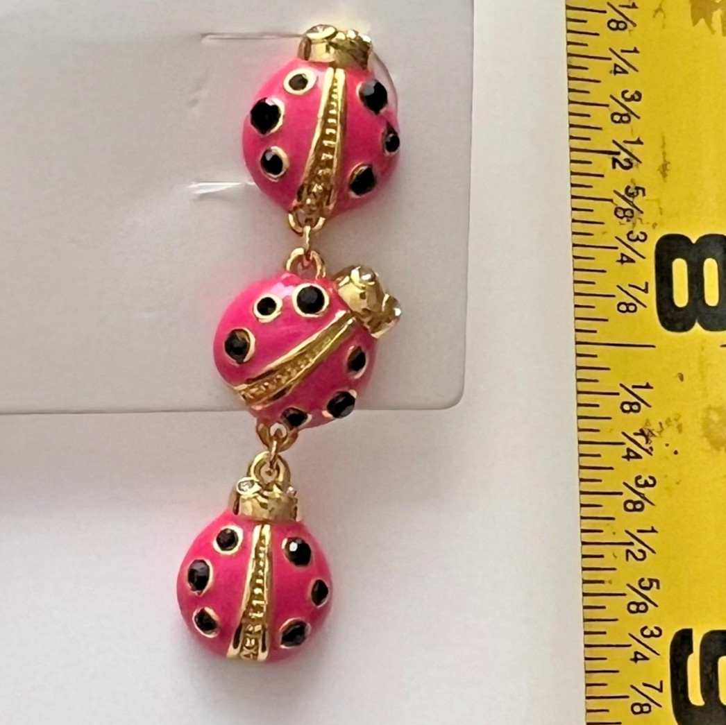 Kate Spade Gold Triple Pink Ladybug Enamel Tiered Drop Dangle Charm Earrings NEW