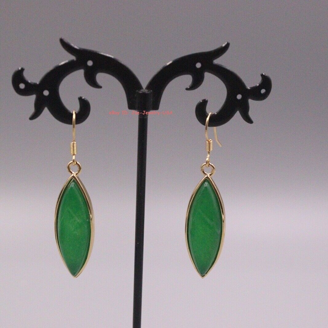 Gold Plated Alloy Heated Marquise Green Jade Dangle Earrings 1.89inch L