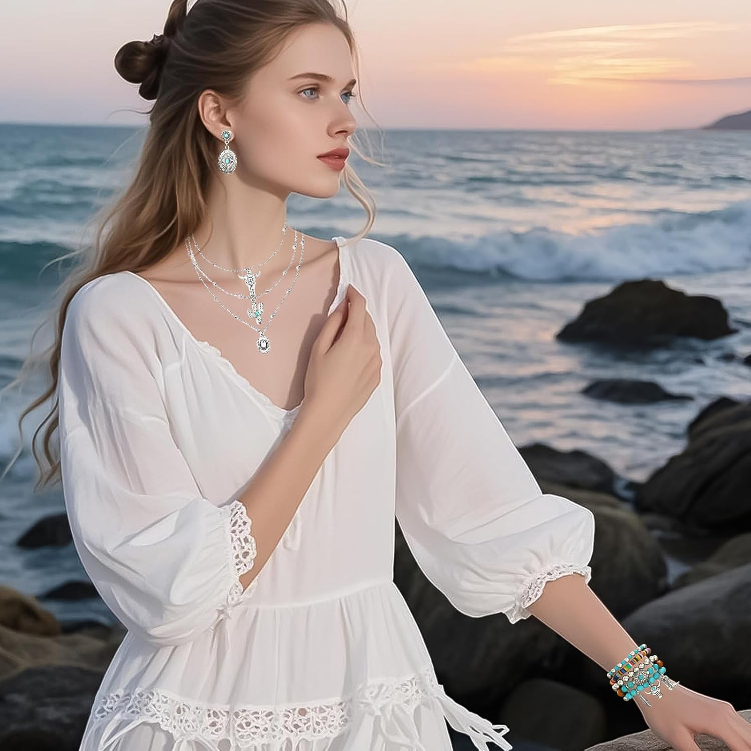 3PCS Western Jewelry for Women Bohemian Set,Boho Vintage Layered Necklace Dangle