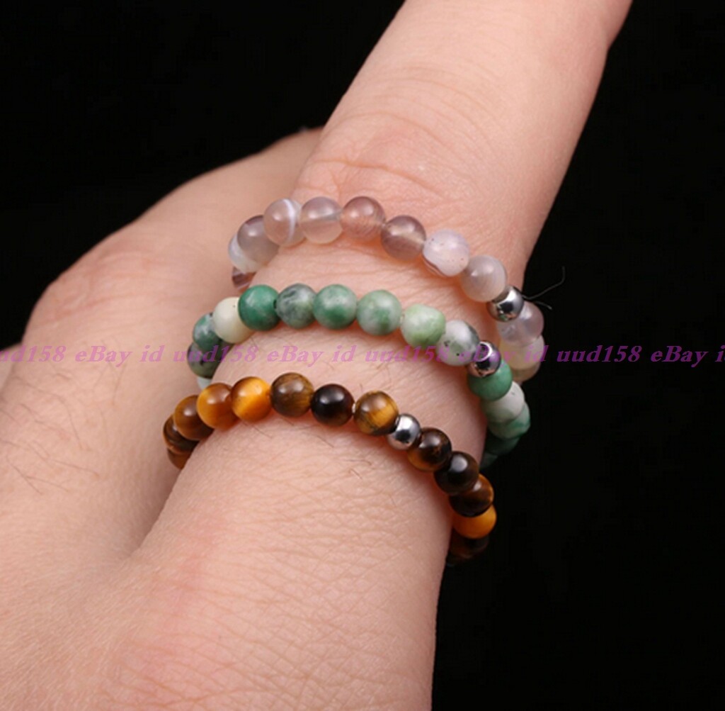 4mm Natural Multi-Color Gemstone Round Beads Circle Adjustable Stretchy Rings