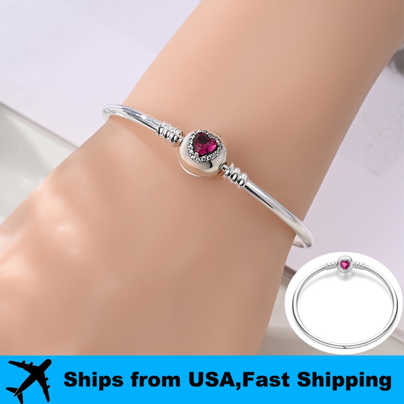 PANDACH 925 Sterling Silver Minimalist Pink Heart Girly Bracelets Jewelry Gifts
