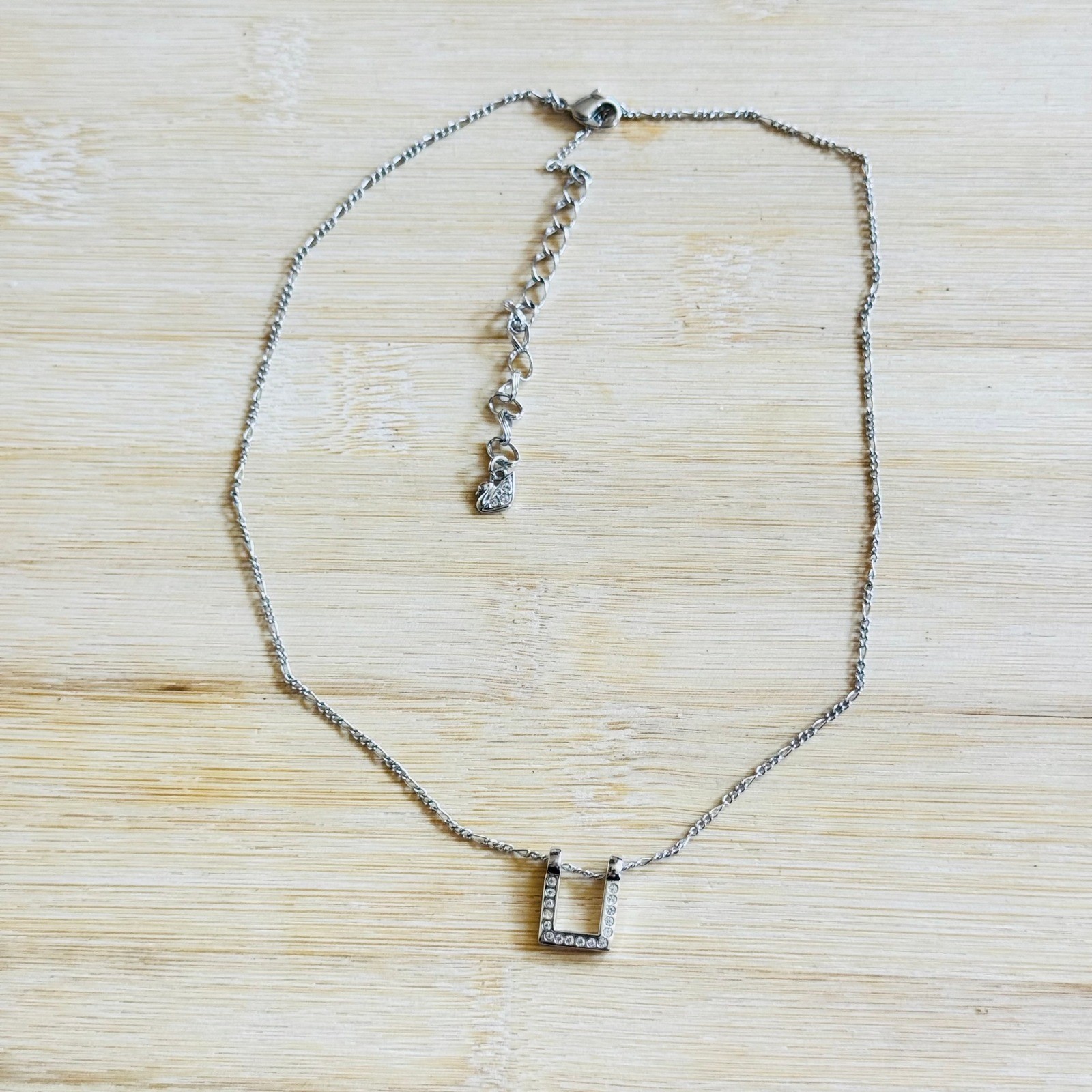 Swarovski Necklace Swan Signed Austrian Crystal Rhinestone Rhodium Plated 19″