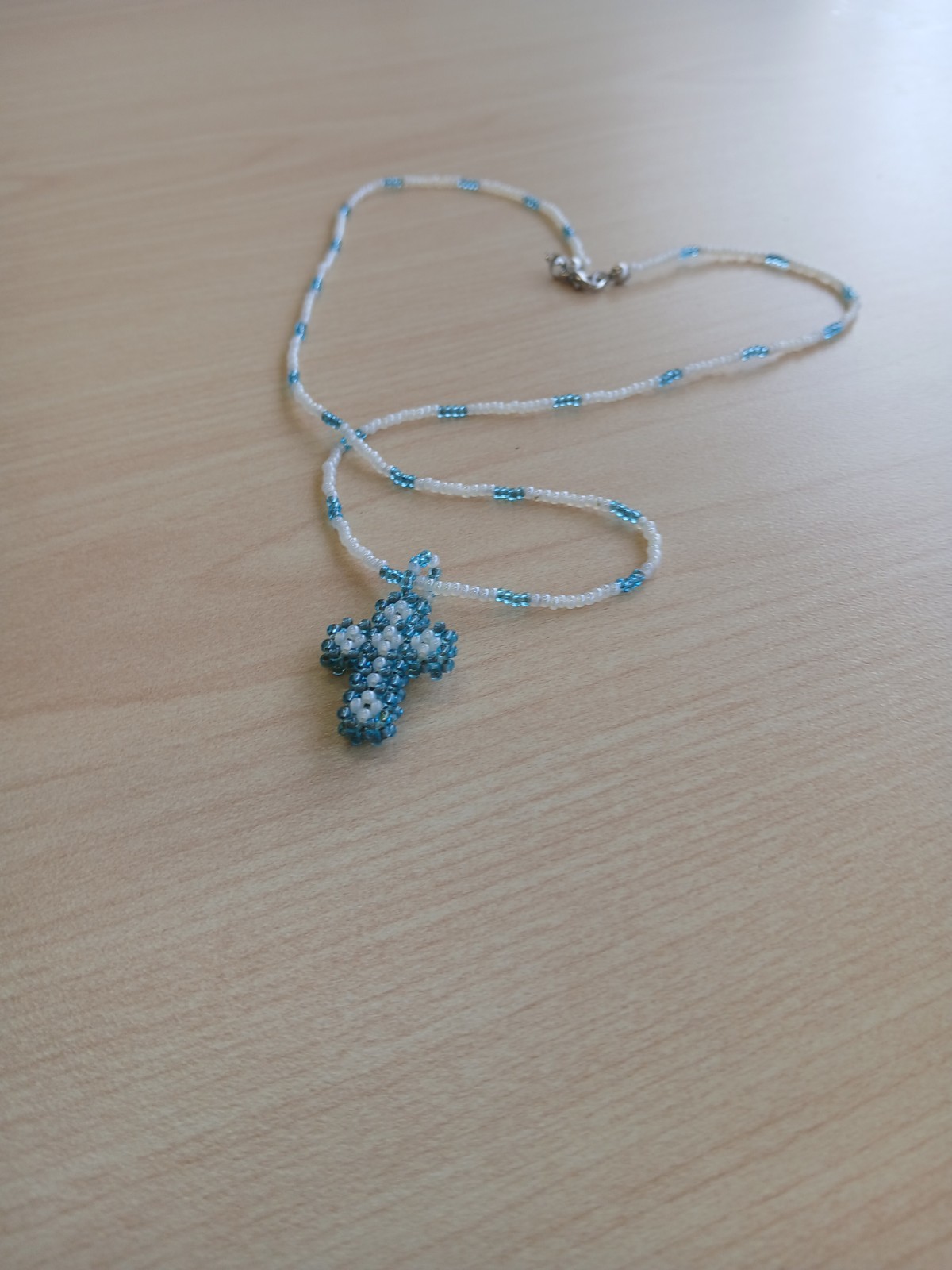 Blue White Beaded Necklace Cross Charm Pendant Ball/Bead Chain Lobster Clasp