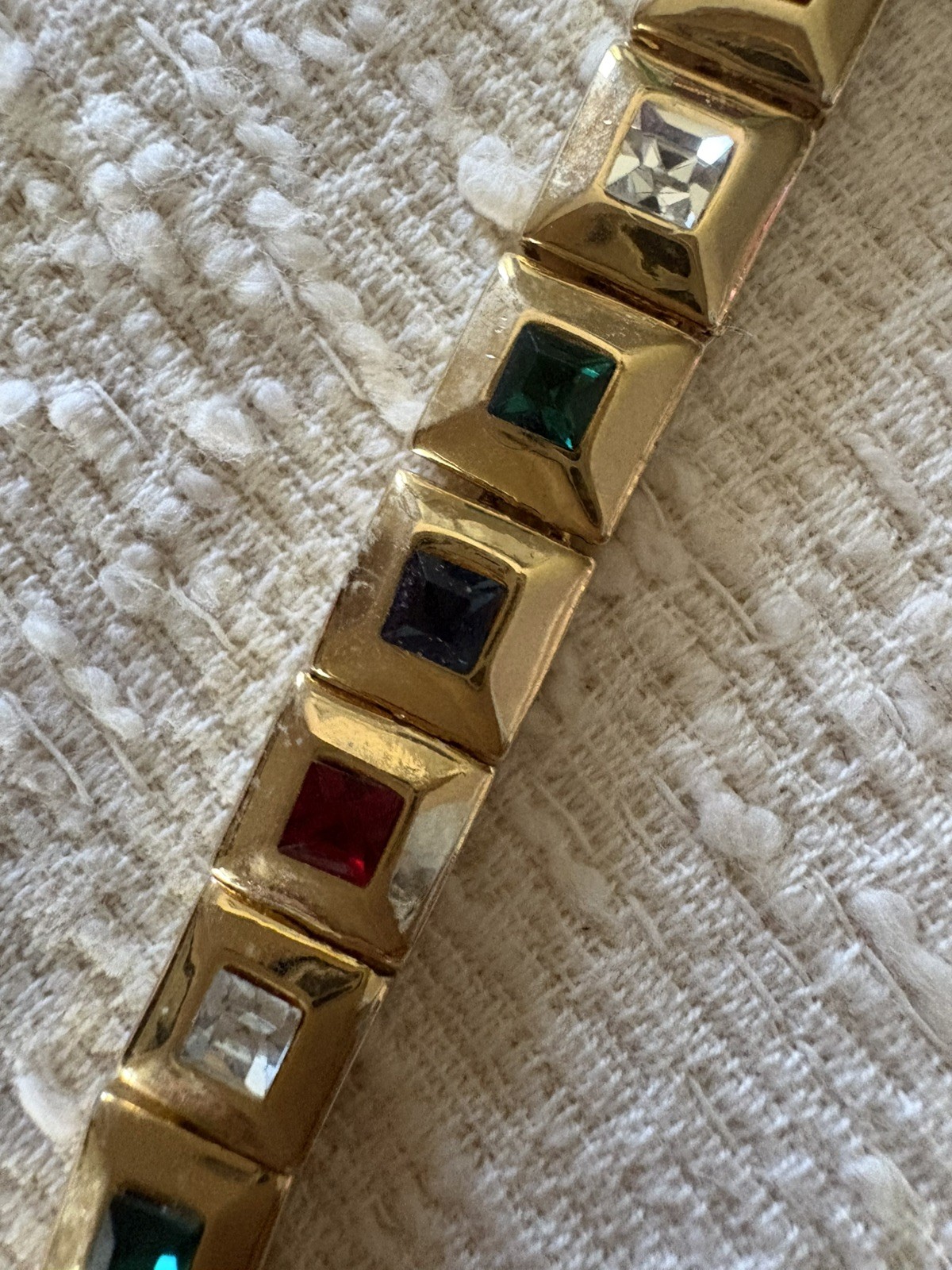 Colorful Squares of Rhinestones Set in Gold Toned Necklace