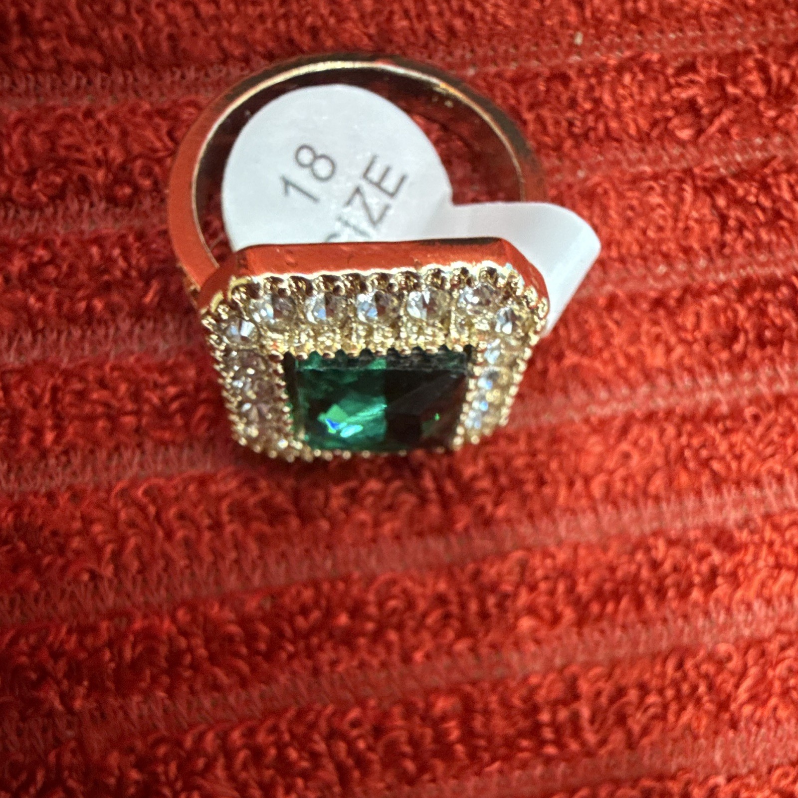 Green Square Stone Halo Crystal Cocktail Ring Gold Tone Metal Size 9 US