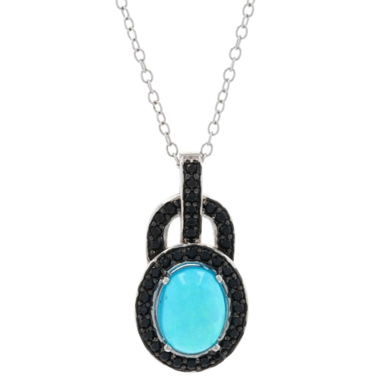 Sterling Synthetic Opal & Black Cubic Zirconia Halo Necklace 18 1/4″ – 925 Oval