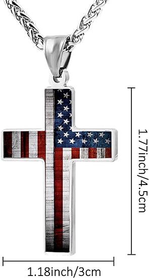 American Flag Patriotic Cross Pendant Necklace Christian Religious Men&women24in
