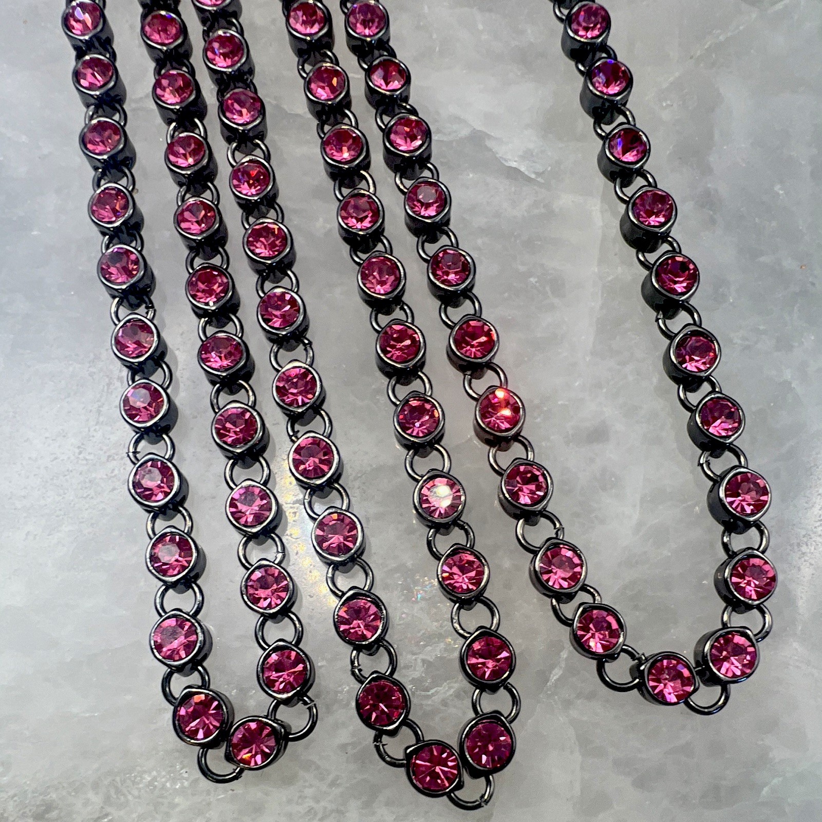 Pink Simulated Crystal Station Chain Necklace Dark Silver Tone Lobster Clasp 48”