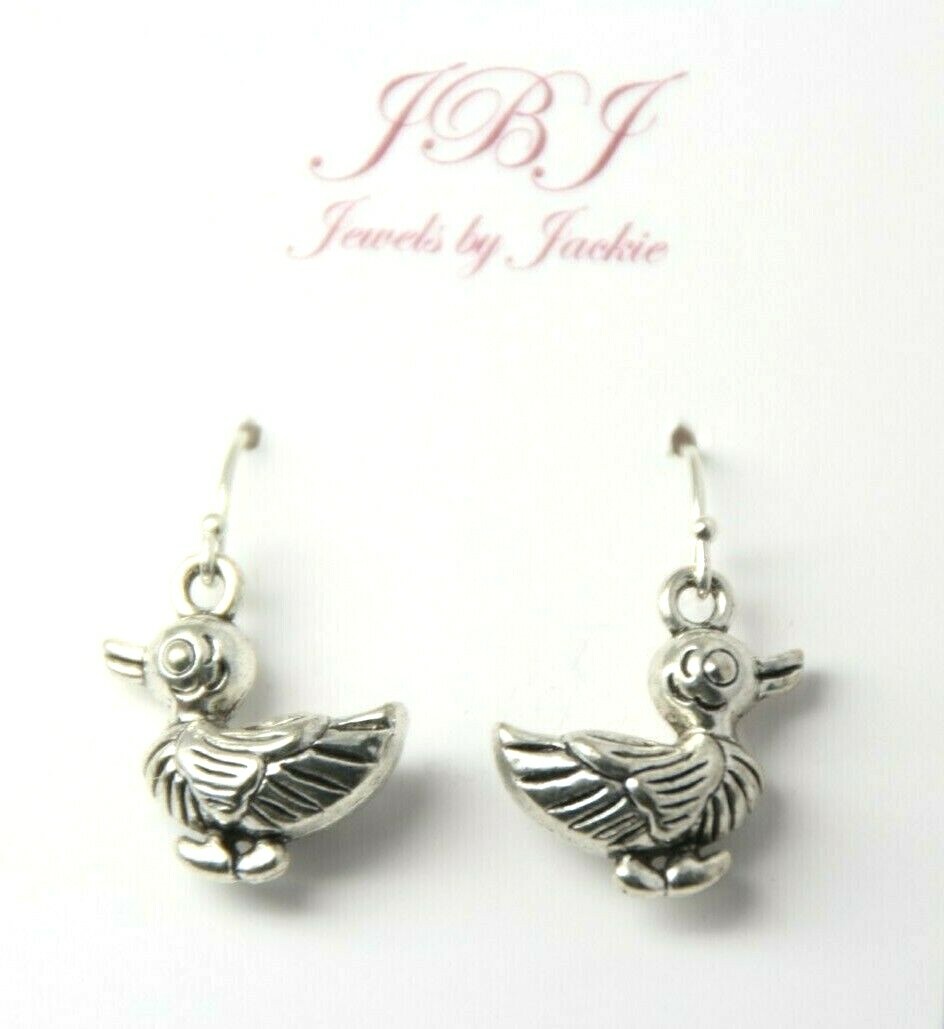 Duck Charm Earrings .925 sterling silver Hooks pewter Charms 1 1/4″ Ducky Birds