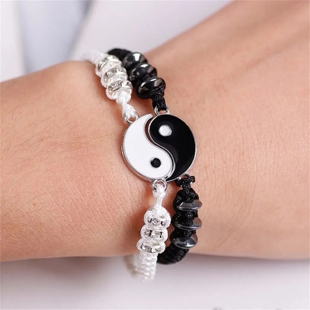 Couple Yin Yang Tai Chi Bracelets Black White Adjustable Rope Jewelry Set
