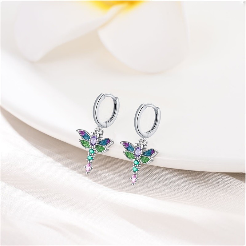 PANDACH 925 Sterling Silver Tiny Dragonfly Drop Earrings For Women Mini Hoops