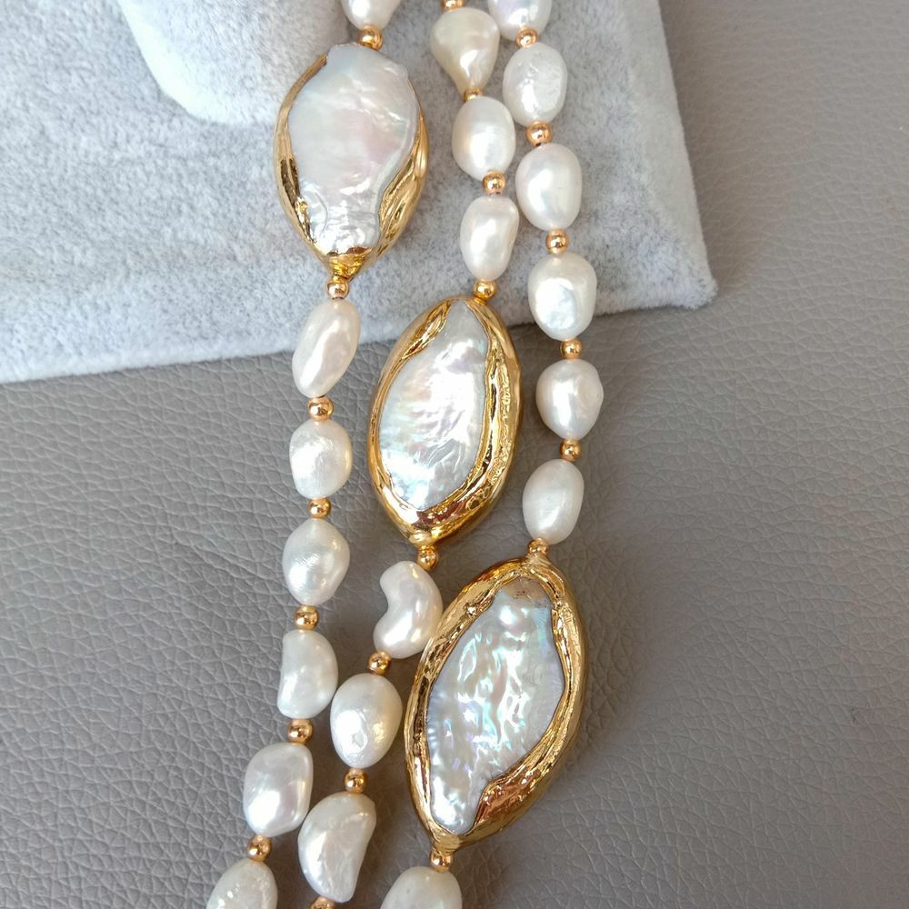 3 rows Cultured Baroque Pearl Necklace Keshi Pearl Gold Plated Connector 20″