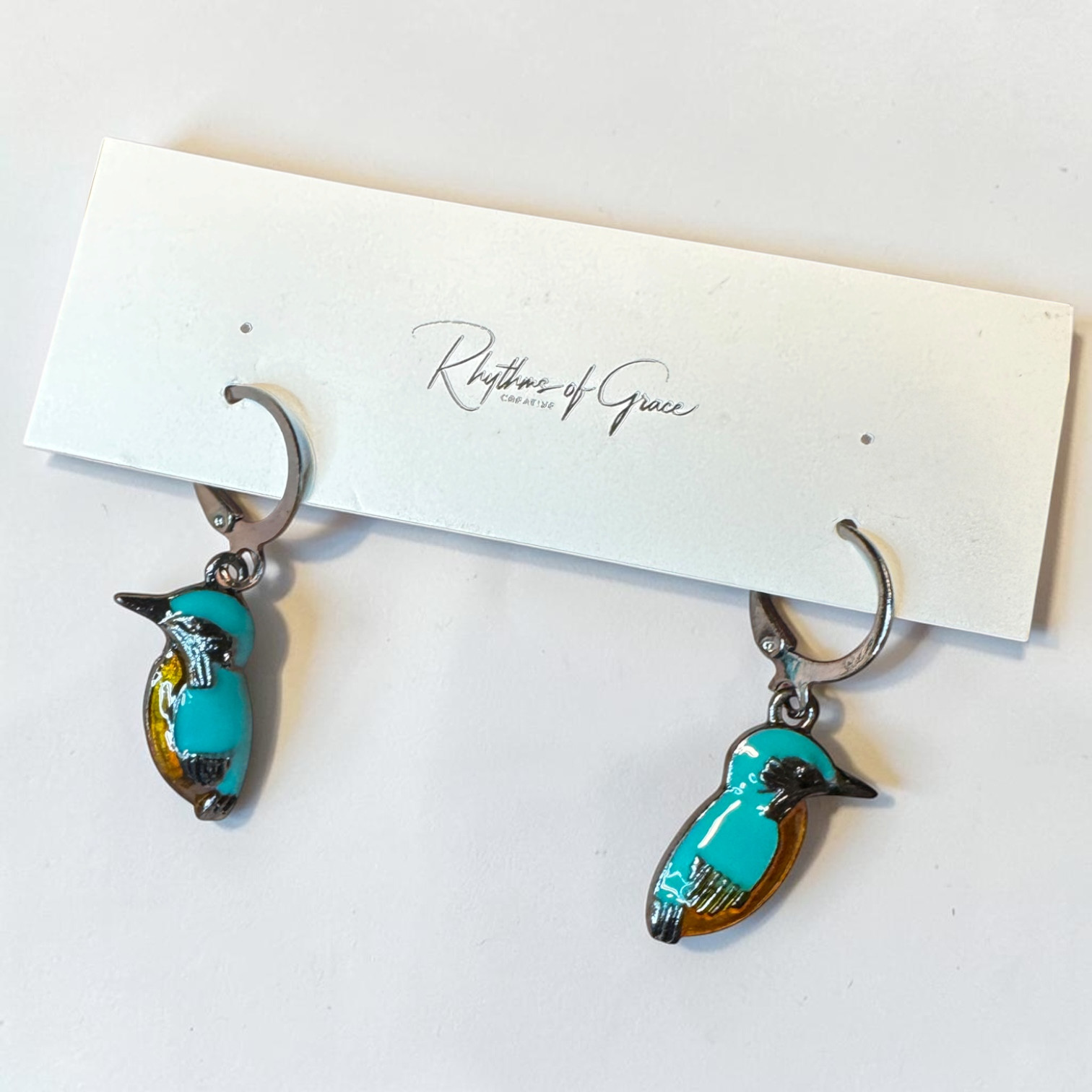 Kingfisher Bird Hoop Earrings Turquoise Enamel Silver Tone Cute Nature Wildlife