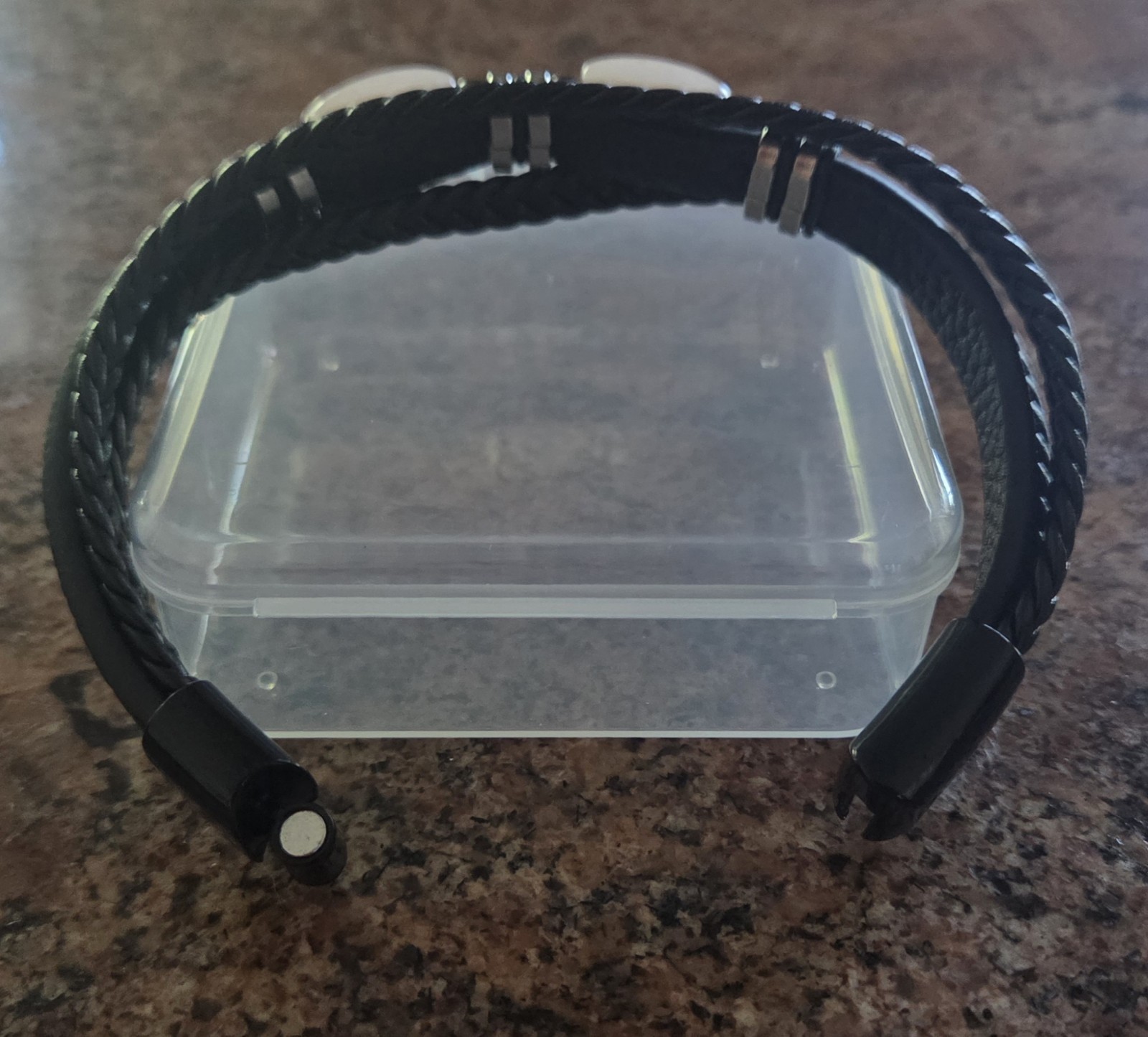 Black Braided Leather Bracelet w/ Hematite and Rose Quartz Stones