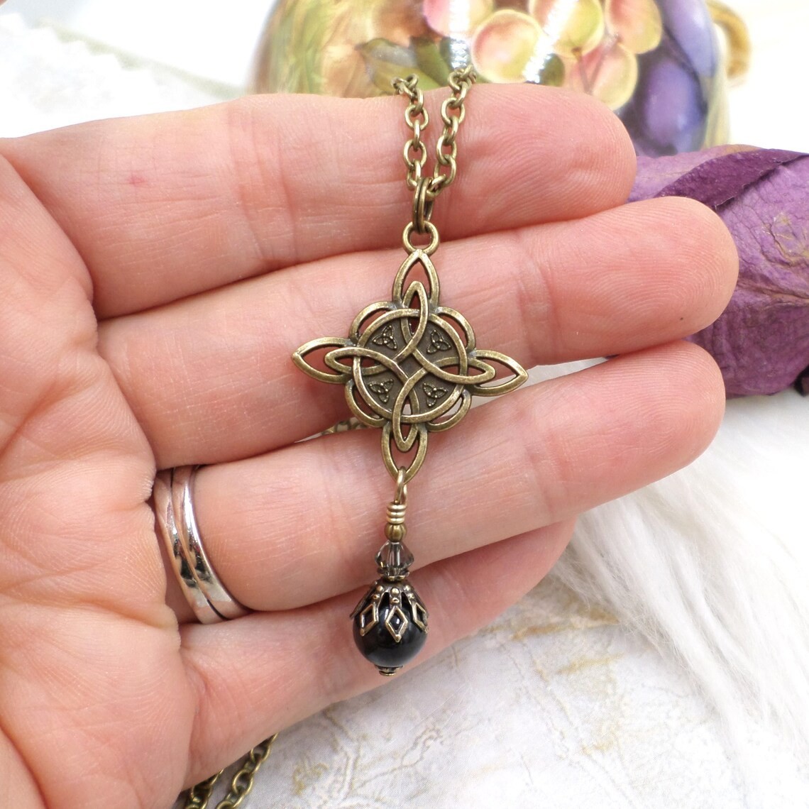 Celtic Knot Necklace, Black Bead Antique Brass Witch Knot Handmade Jewelry
