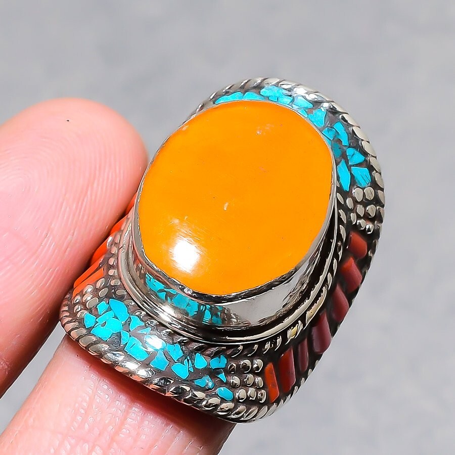 Yellow Coral Tibetan Turquoise Gemstone Ring Antique Boho Nepali Jewelry NR 3236
