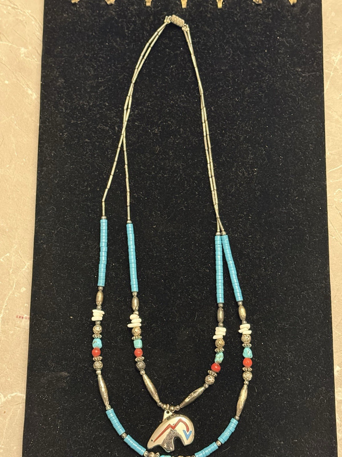 Turquoise & Coral Beaded Necklace Bear Charm Pendant, Multicolor Barrel Closure