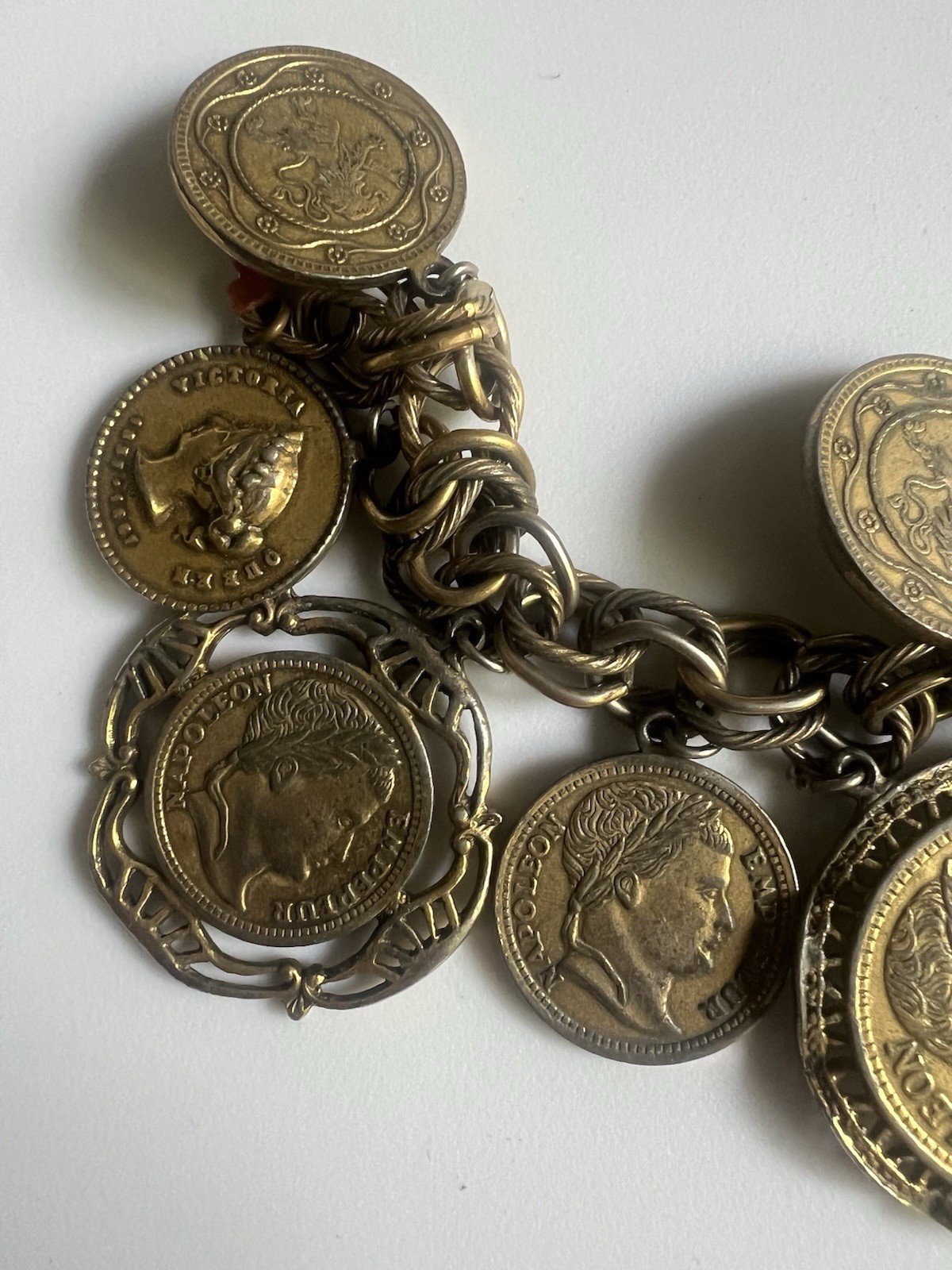 Mixed Metal Gold & Silver Tone Coin Dangle Charm Oval Link Chain Bracelet