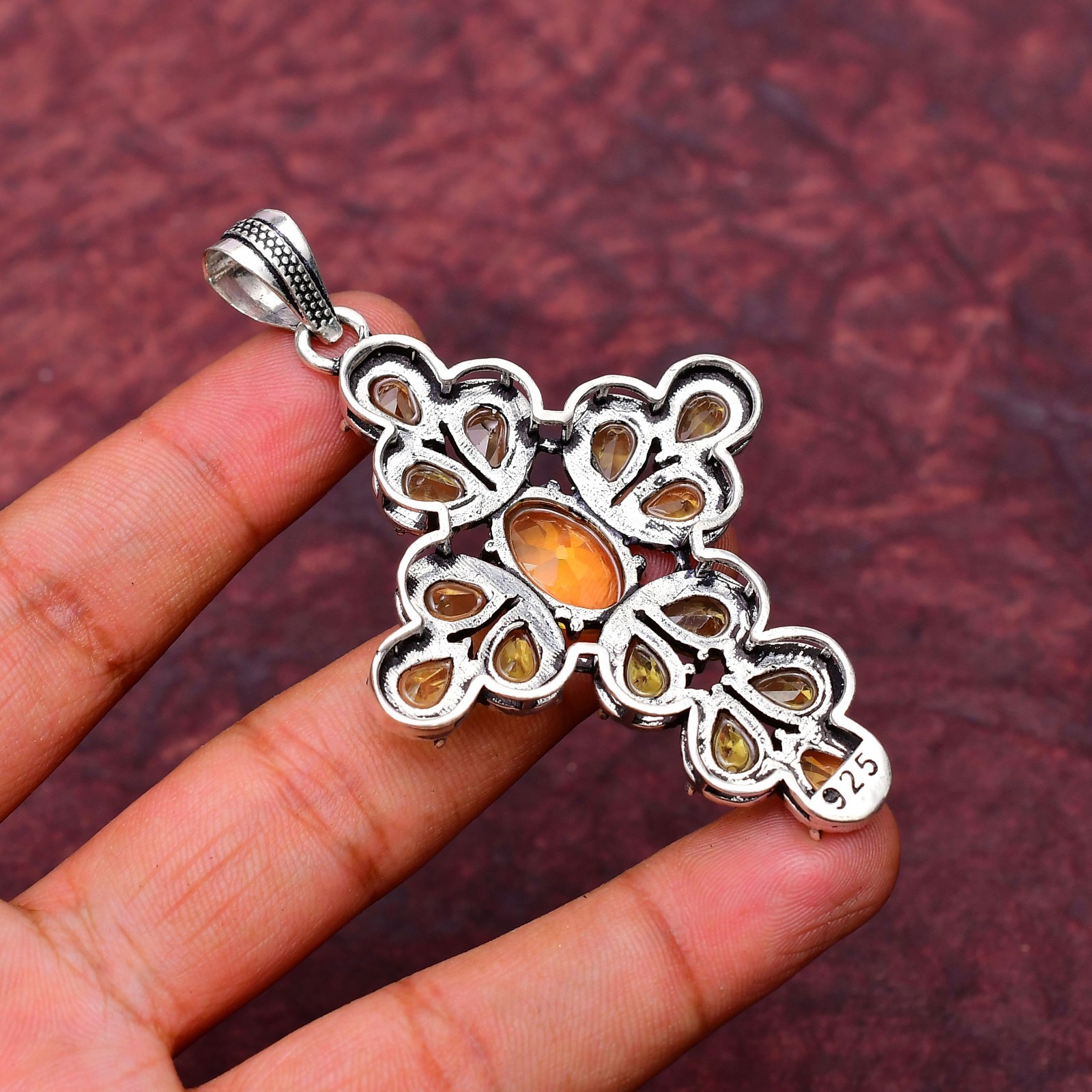 Citrine Gemstone 925 sterling silver Handmade Cross Pendant jewelry 2.75″