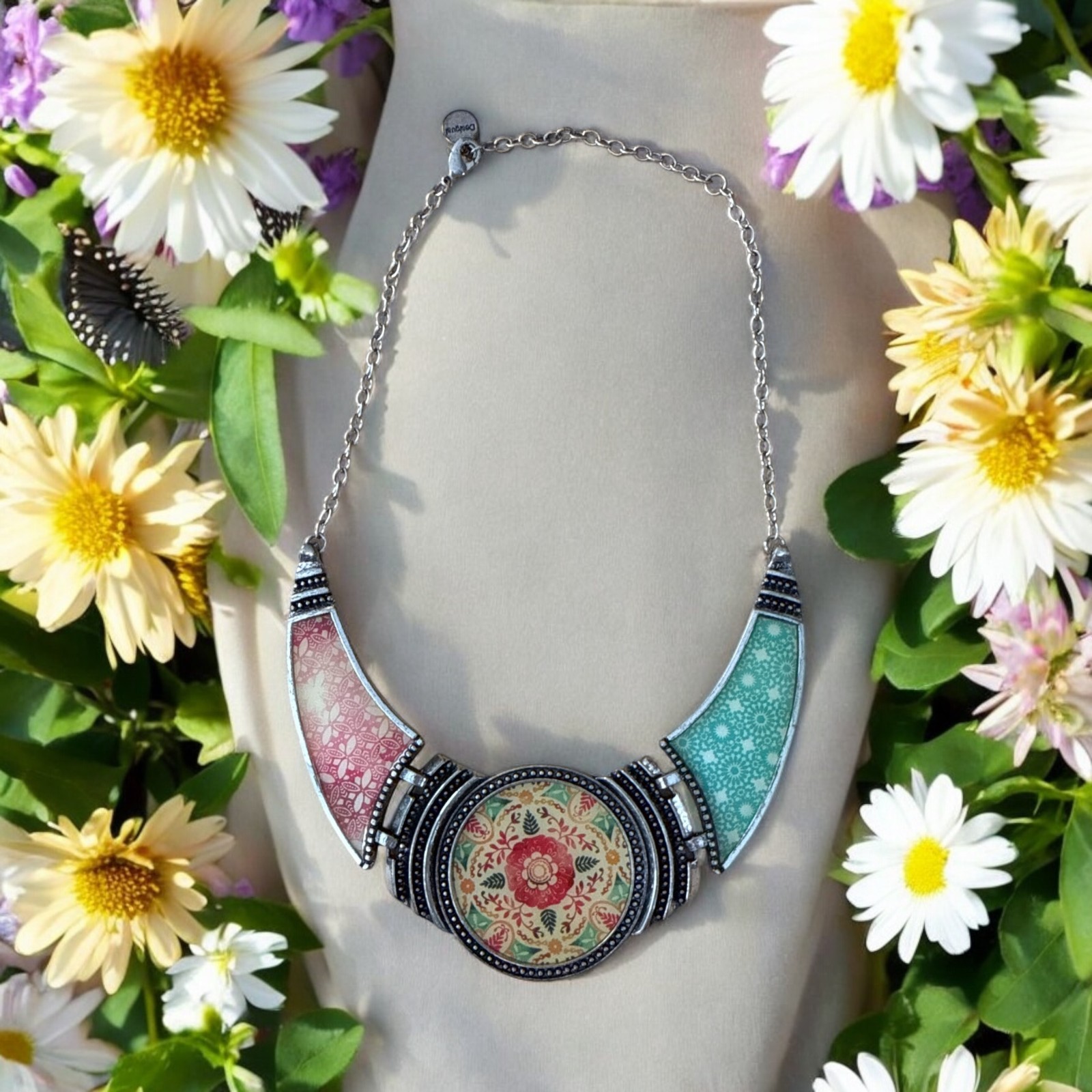 Desigual Statement Bib Necklace Mandala Boho Festival Jewelry Colorful Floral