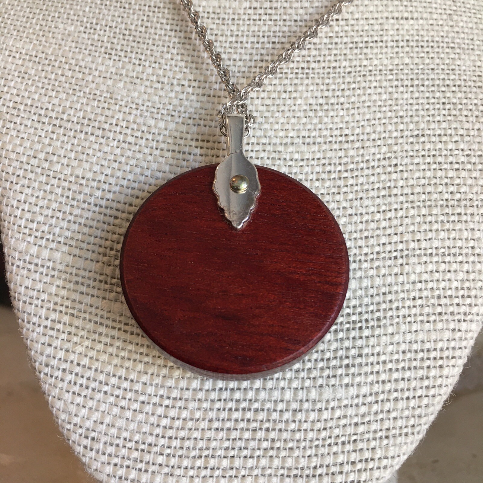 Wood Round Pendant w/ Silver Tone 19in. + 3in. extended Chain – Boho, Natural, 