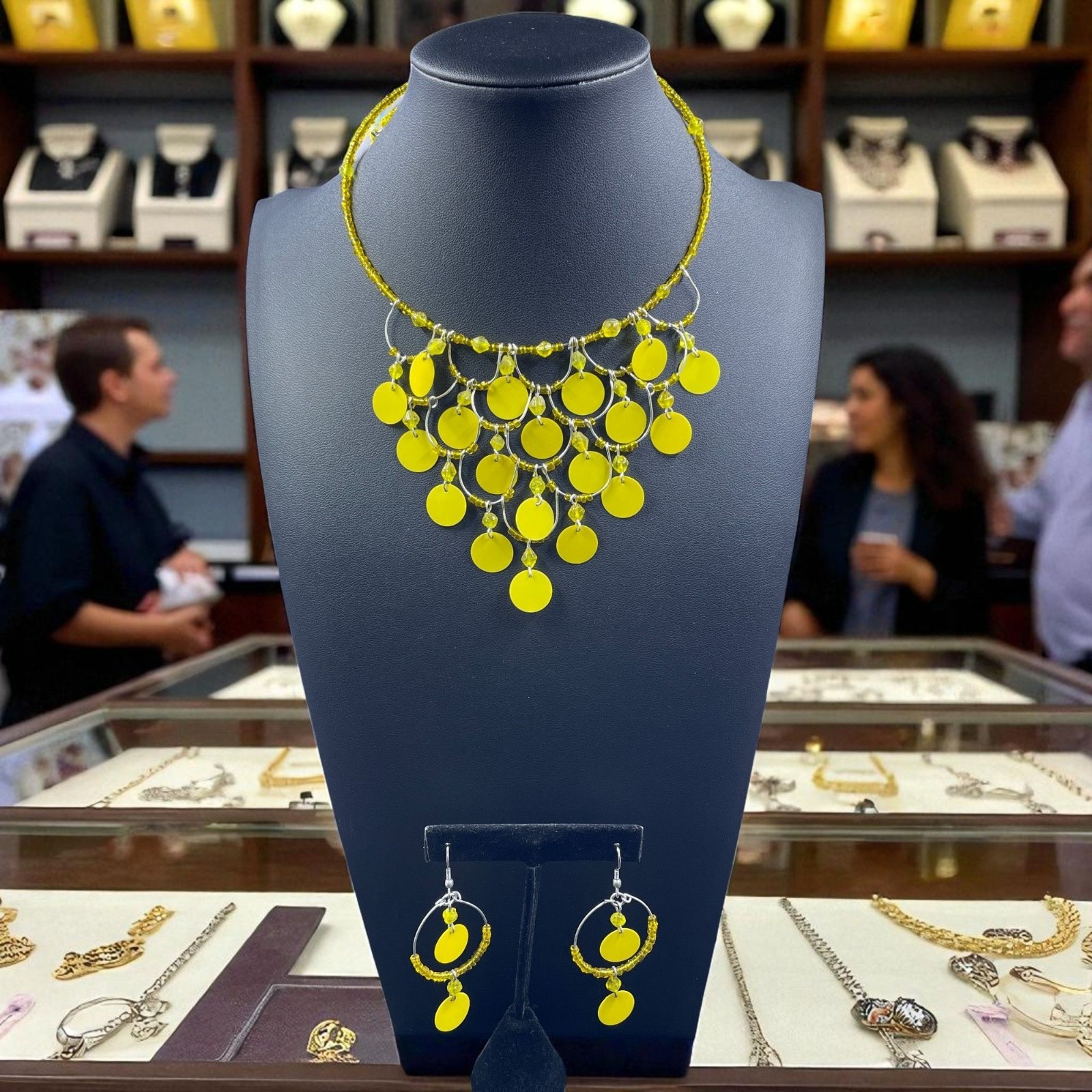 Yellow Wrap Around Beaded Disc Statement Necklace Earrings Set Boho Festival