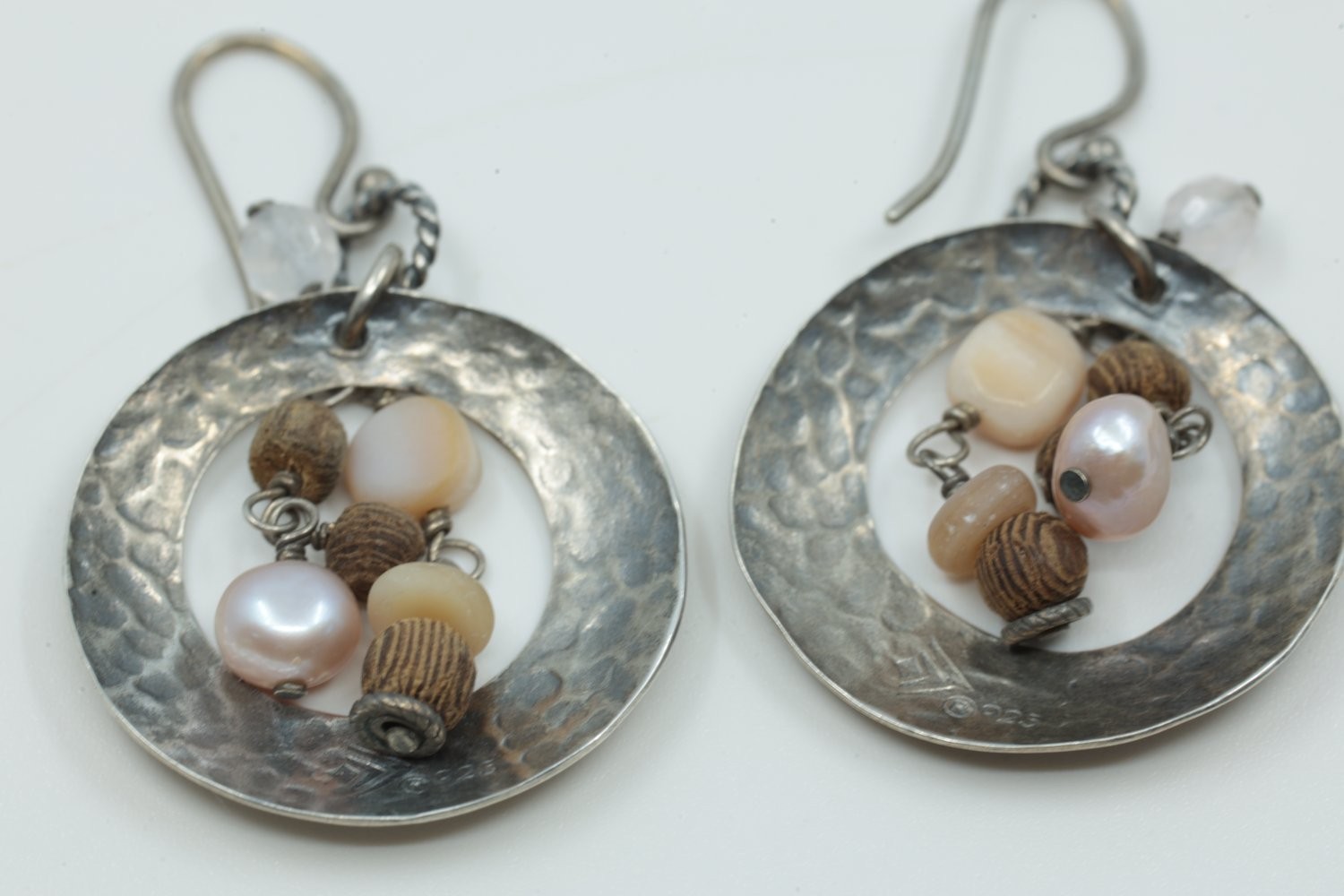 Silpada Sterling Silver Hammered Disc Drop Earrings Pearl Wood Quartz Boho