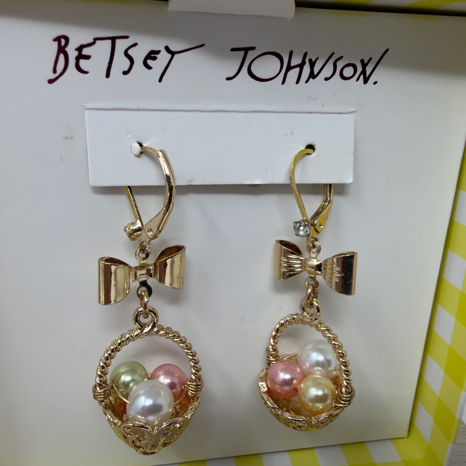 Betsey Johnson Gold Easter Basket Drop Earrings Pearl Eggs Bow Dangle New In Box