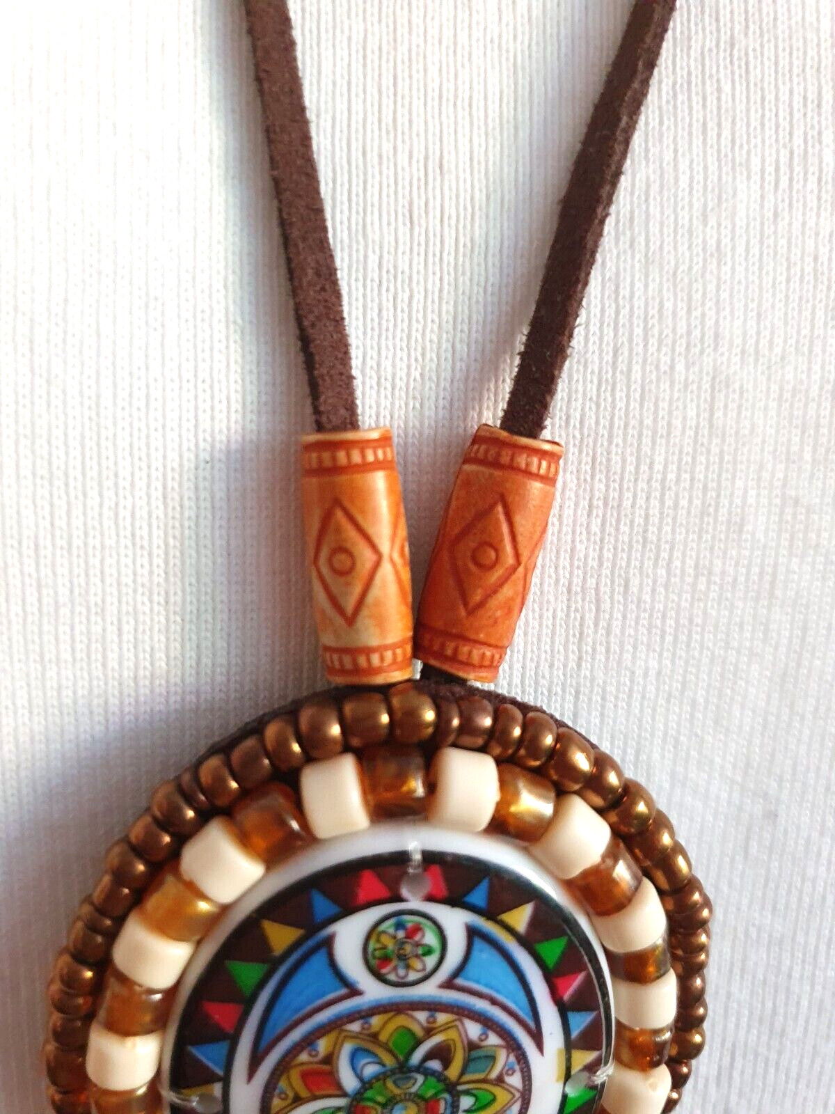 Artisan Mandala Beaded Oval Tassel Leather backed Pendant suede cord Metal Free