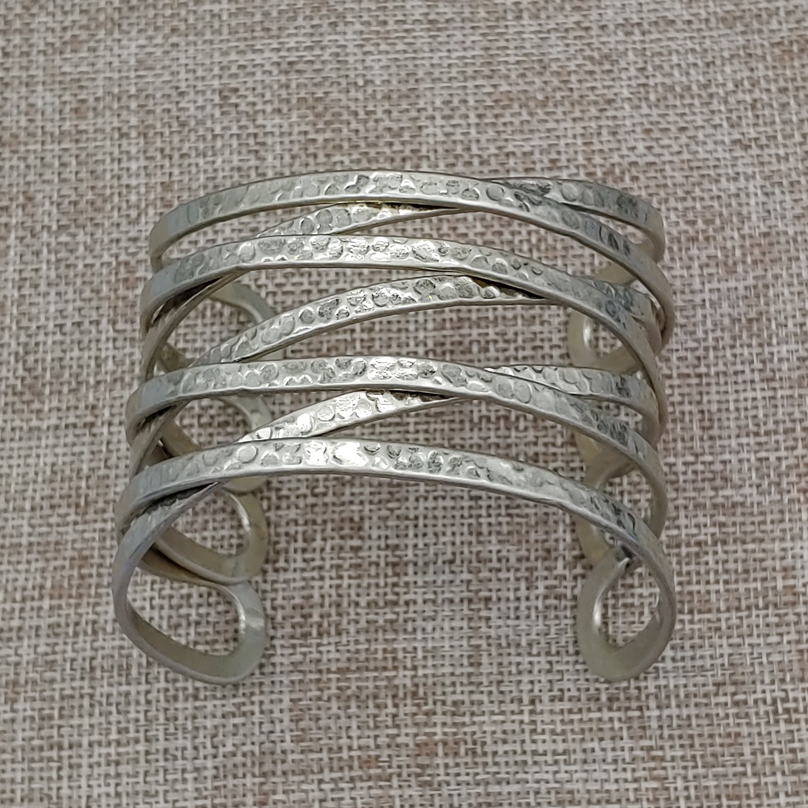 Cuff Hammered Bracelet Wide Gold Tone Metal Open “X” Cross Weave Statement 7″