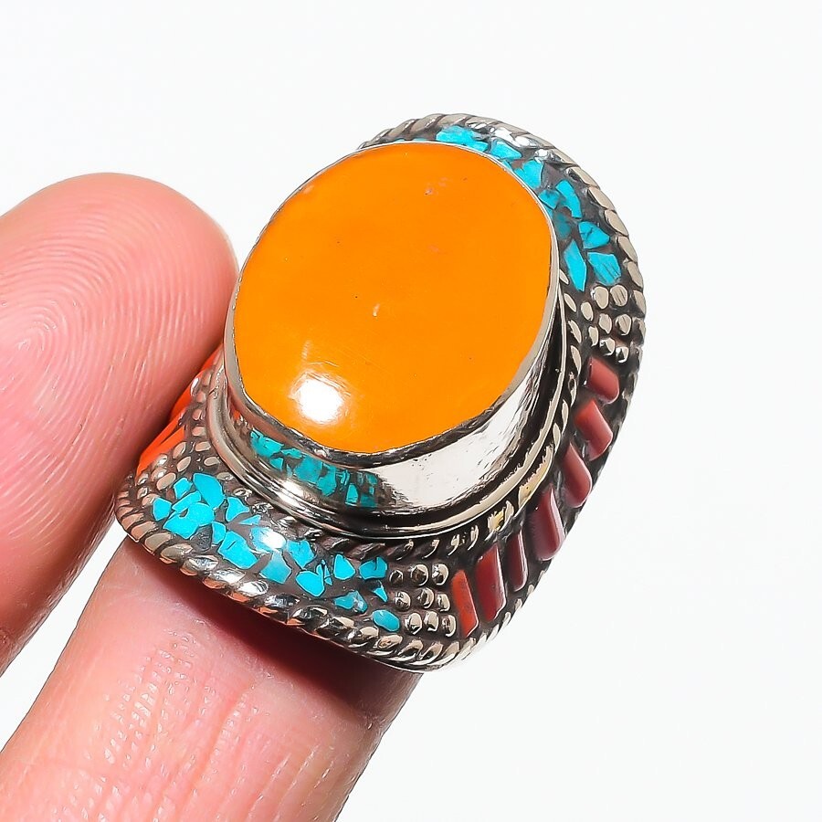 Yellow Coral Tibetan Turquoise Gemstone Ring Antique Boho Nepali Jewelry NR 3236
