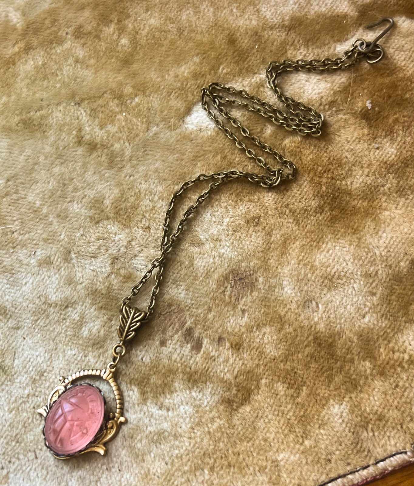 Egyptian Revival Necklace Scarab Pink Czech Glass Brass Filigree Pendant
