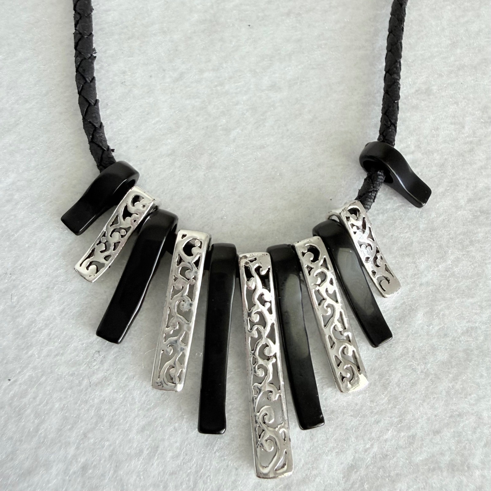 Two VTG Black Cord Statement Necklaces Silver Tone Filigree & Fringe Pendants